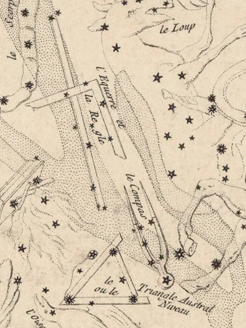 Gravure de Lacaille (1756) représentant les constellations Norma, Circinus et Triangulum Australe, l'équerre, le compas, le niveau : les trois instruments du charpentier inscrits dans le ciel austral