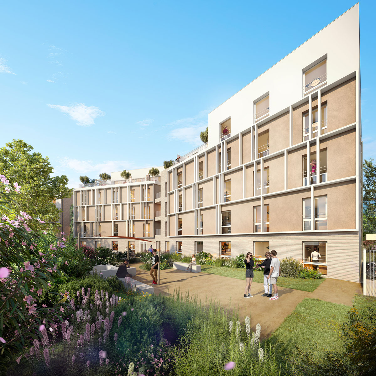 Façade sur jardin : brise-soleil verticaux filants et loggias, R+4
